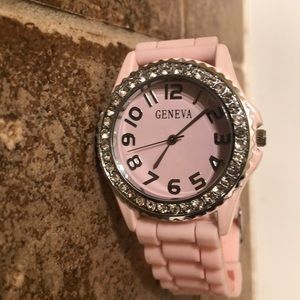 PINK FACE & RUBBER GENEVA WATCH WITH CRYSTAL RIM